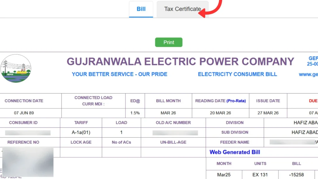 GEPCO Tax Certificate on online bill